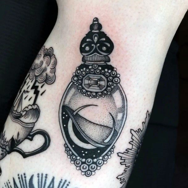 Woman With Fabulous Poison Bottle Tattoo Design