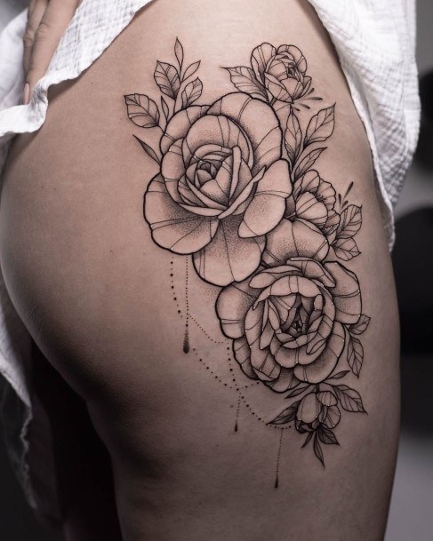 Woman With Fabulous Rose Thigh Tattoo Design