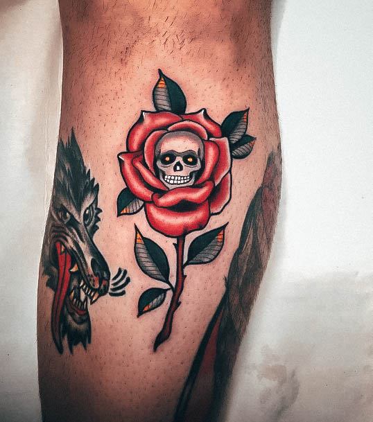 Woman With Fabulous Skull And Rose Tattoo Design