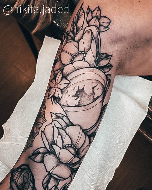 Woman With Fabulous Tea Cup Tattoo Design