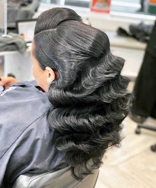 Woman With Gorgeous Black Hairstyle Captivating Long Old Hollywood Waves