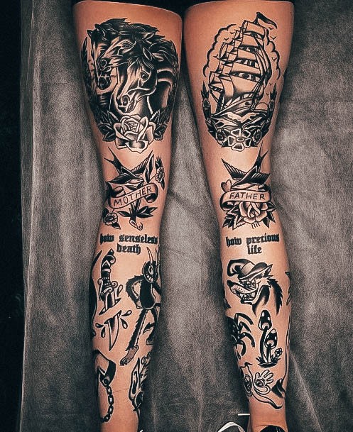 Woman With Leg Sleeve Tattoo