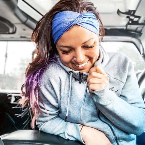 Woman With Long Brown Hair And Purple Ends With Blue Twist Headband