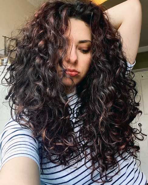 Woman With Long Hair Full Medium Curls Chestnut Brown