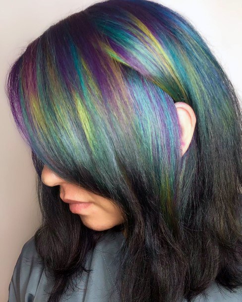 Woman With Mermaid Streak Side Swept Hairstyle Ideas Green Blue Aqua Purple