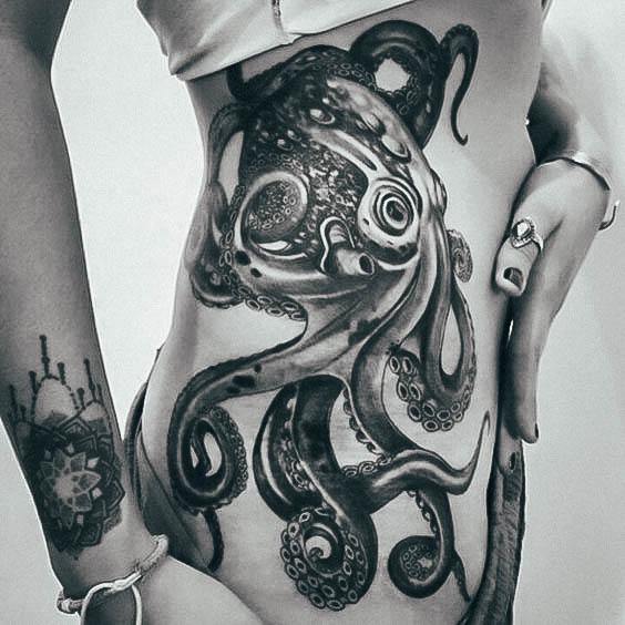 Woman With Octopus Tattoo Rib Cage Side