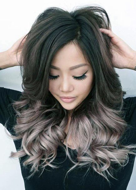 Woman With Ombre Espresso Brown To Purple Grey Ends