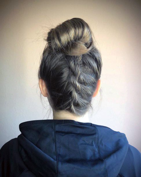 Womans Ashy Beige Hair In Back Braided Top Knot Hairstyle