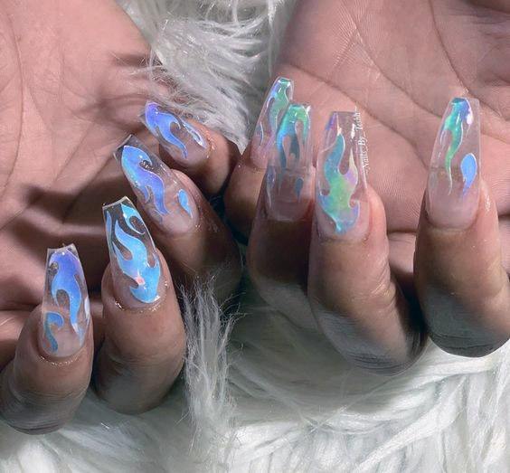 Women Blazing Blue Flames Iridescent Nails