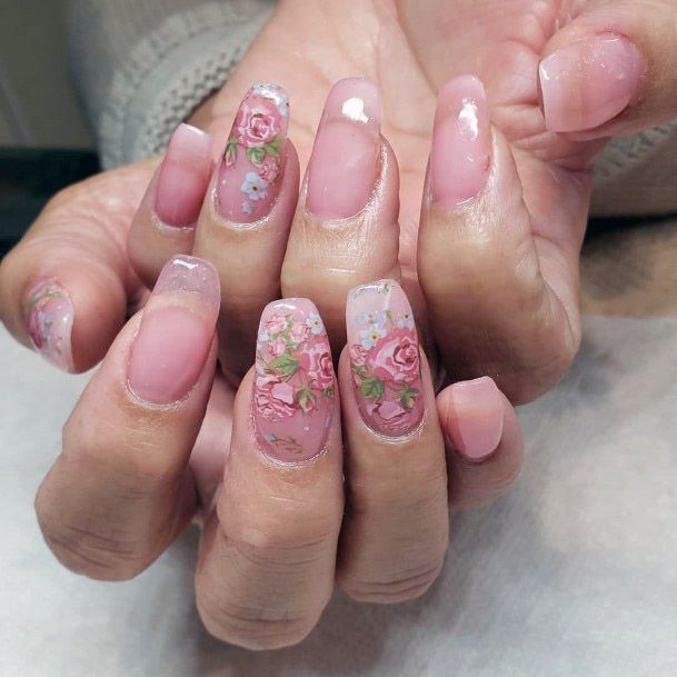 Women Clear Pink Nails With Pink Florals