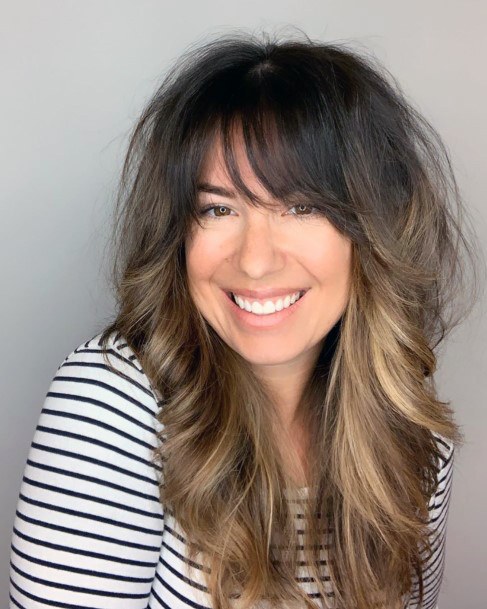 Women Messy Big Curls Hairstyle Casual Bangs And Layers