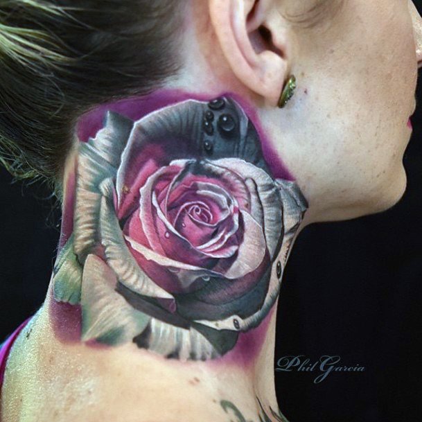 Women Multi Dimensional Rose Tattoo On Neck