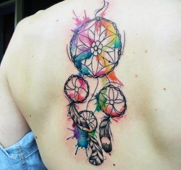 Women With Colored Dream Catcher Tattoo On Back