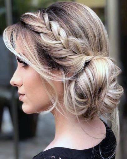 Women With Medium Blonde Half Braid Into Low Side Bun Hairstyle Ideas