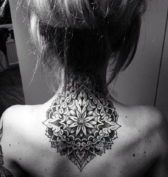 Womens 3D Black Floral Tattoo On Neck