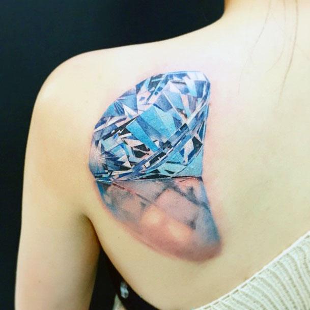 Womens 3D Blue Diamond Shadow Tattoo On Back Art