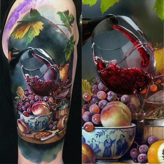 Womens 3D Grapes And Wine Glass Tattoo Arms