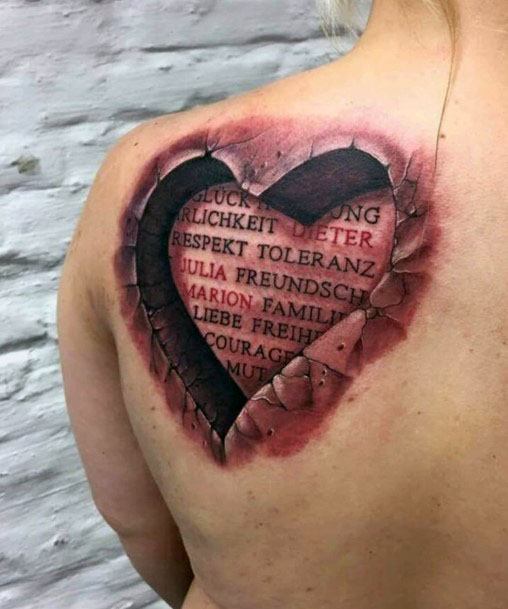 Womens 3D Heart With Lettering Tattoo On Back Art