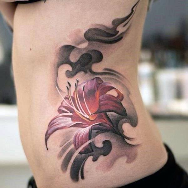 Womens 3D Hibiscus And Black Smoke Tattoo Torso Art