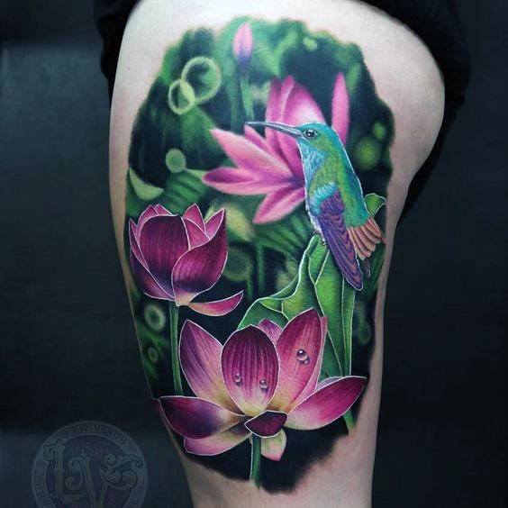 Womens 3D Lotus And Bird Tattoo