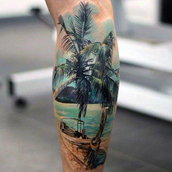 Womens 3D Palm And Beach Tattoo