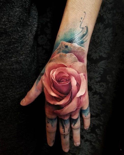 Womens 3D Rose Hand Tattoo