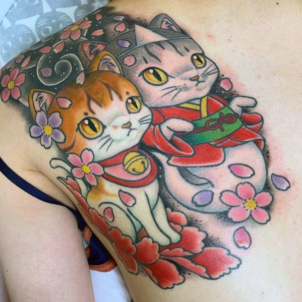 Womens Adorable Cats Tattoo With Jazzy Flowers Art
