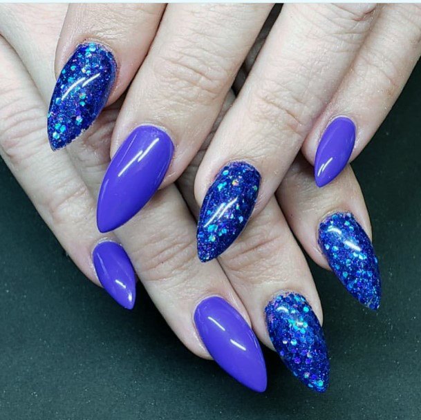 Womens Almond Cutw Blue And Purple Sparkly Nail Design