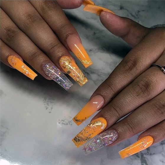 Womens Amazing Summer Orange Silver Glitter Nail Ideas For Prom