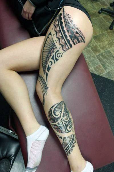 Womens Ancient Tribal Tattoo On Legs