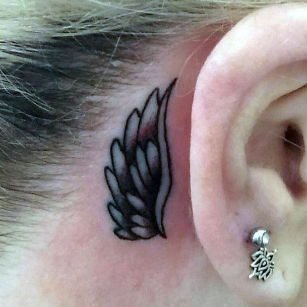 Womens Angel Wings Behind The Ear Tattoo