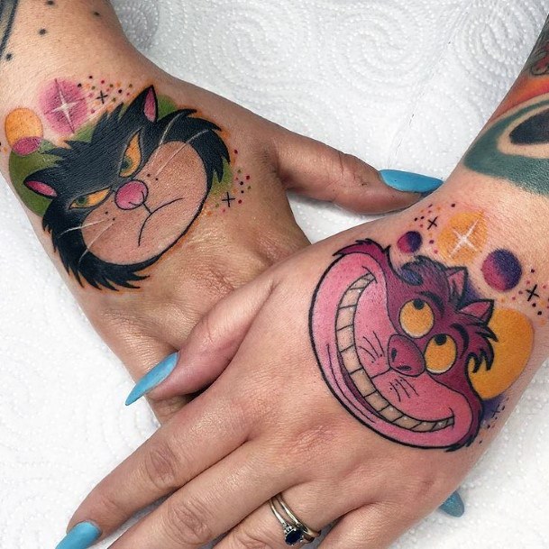 Womens Angry And Gleeful Cat Tattoo On Hands Cheshire Cat