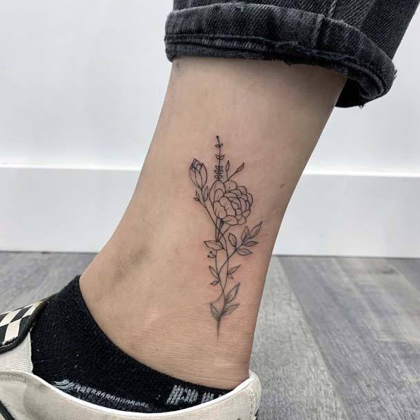 Womens Ankle Black Flower Tattoo