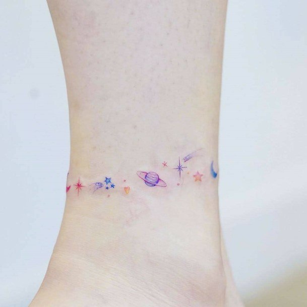 Womens Ankle Colored Planets Tattoo