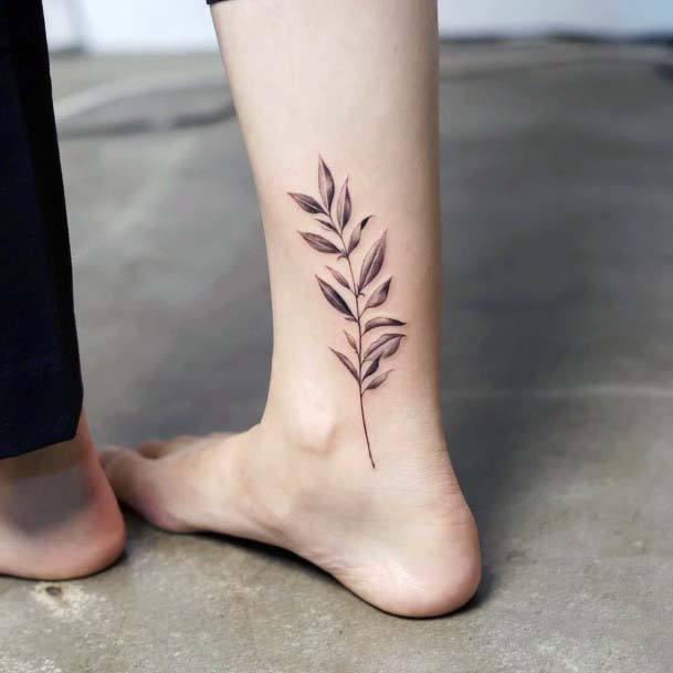 Womens Ankle Leafy Stalk Tattoo