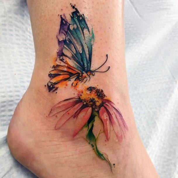 Womens Ankle Watercolor Insect And Flower Tattoo