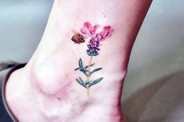 Womens Ankles Bee And Flower Tattoo