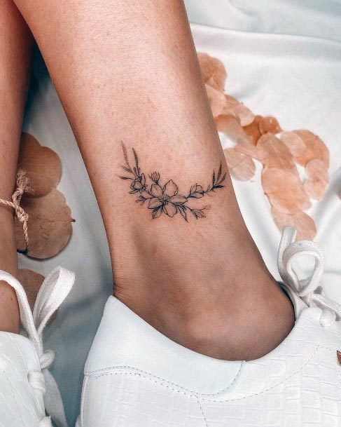 Womens Ankles Black Flower Simple Tattoo