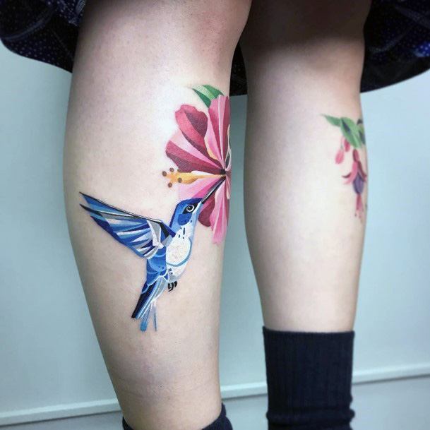 Womens Ankles Hibiscus And Hummingbird Tattoo