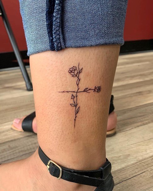 Womens Ankles Tiny Cross Tattoo With Rose