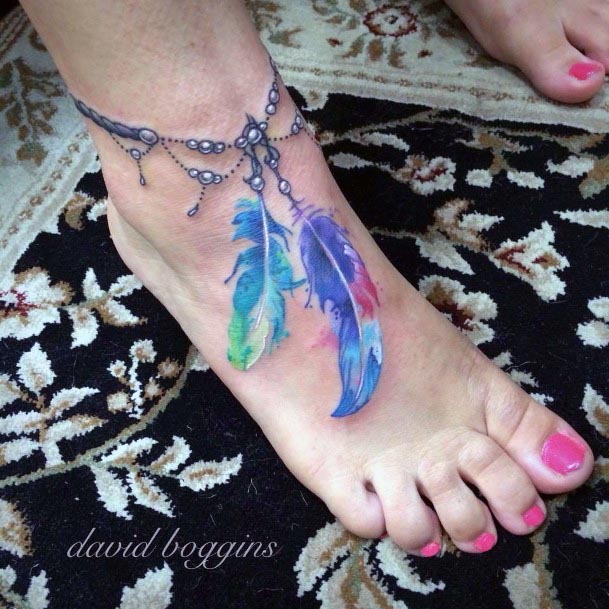 Womens Anklet With Feather Tattoo Feet Water Colors