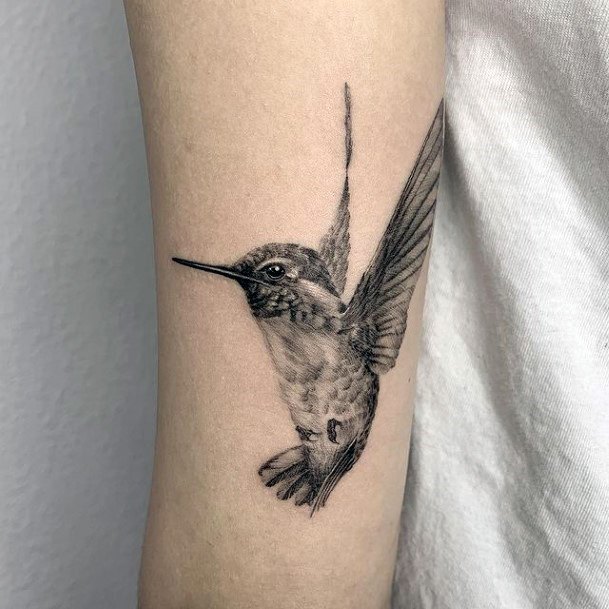 Womens Arms Adorable Grey Hummingbird Tattoo