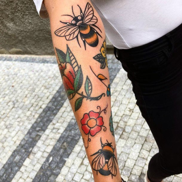 Womens Arms Bees And Flower Tattoo