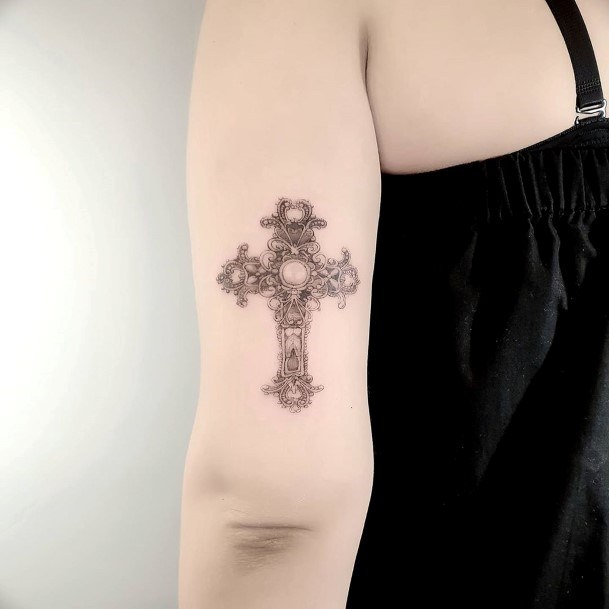 Womens Arms Bejewelled Cross Tattoo