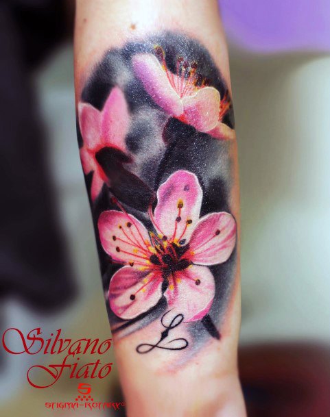 Womens Arms Black And Pink Cherry Blossom Tattoo
