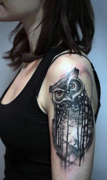 Womens Arms Black Owl Tattoo