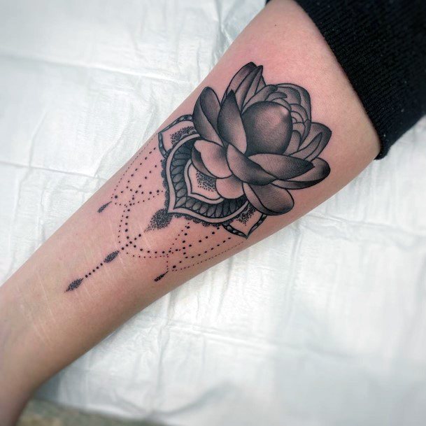 Womens Arms Black Shaded Lotus Tattoo