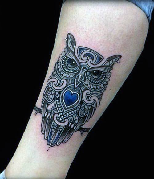 Womens Arms Blue Heart And Owl Tattoo