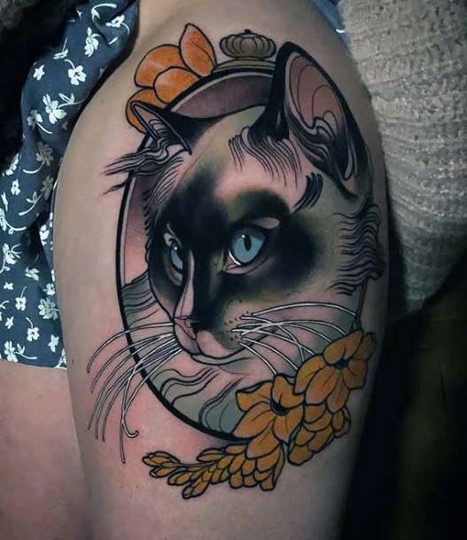 Womens Arms Cat And Yellow Flowers Tattoo