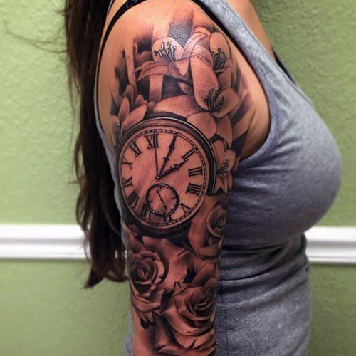 Womens Arms Clock And Roses Dark Shaded Tattoos